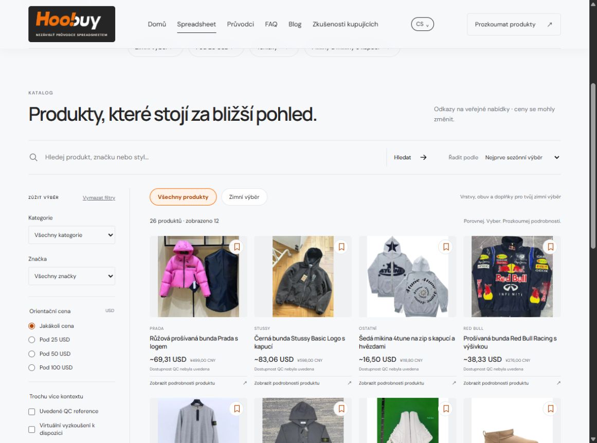 Skutečné české rozhraní katalogu s filtry kategorie, značky a orientační ceny vedle kompaktních produktových karet
