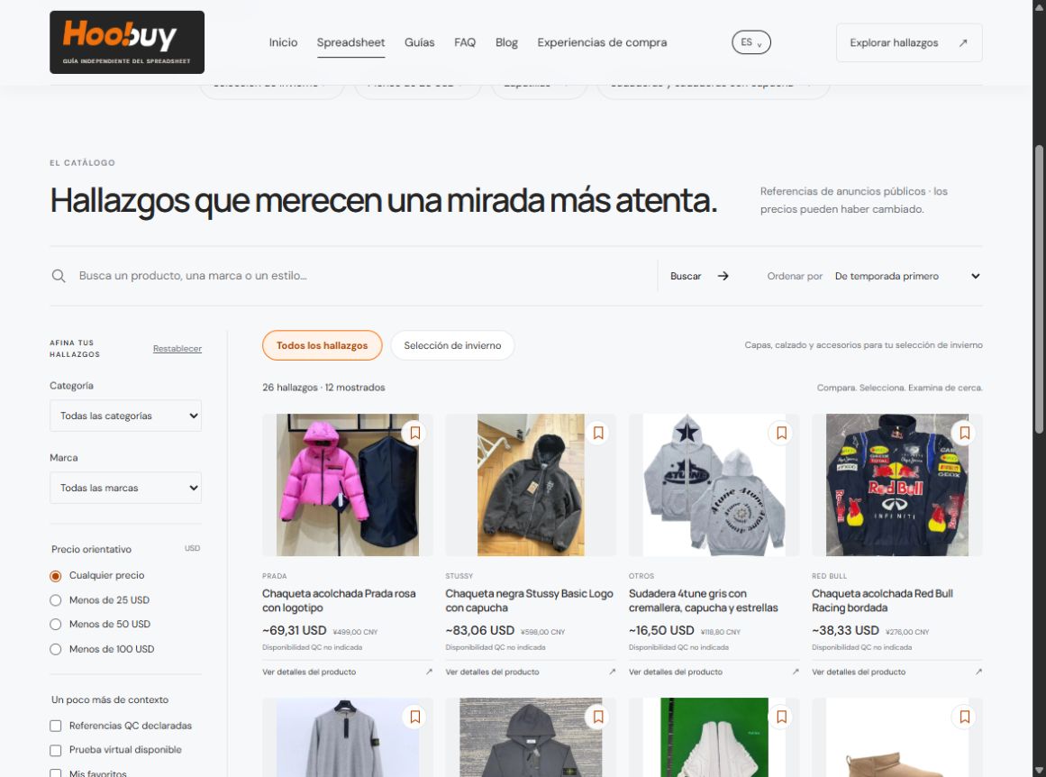 Interfaz real del catálogo en español, con filtros de categoría, marca y precio orientativo junto a tarjetas de producto compactas
