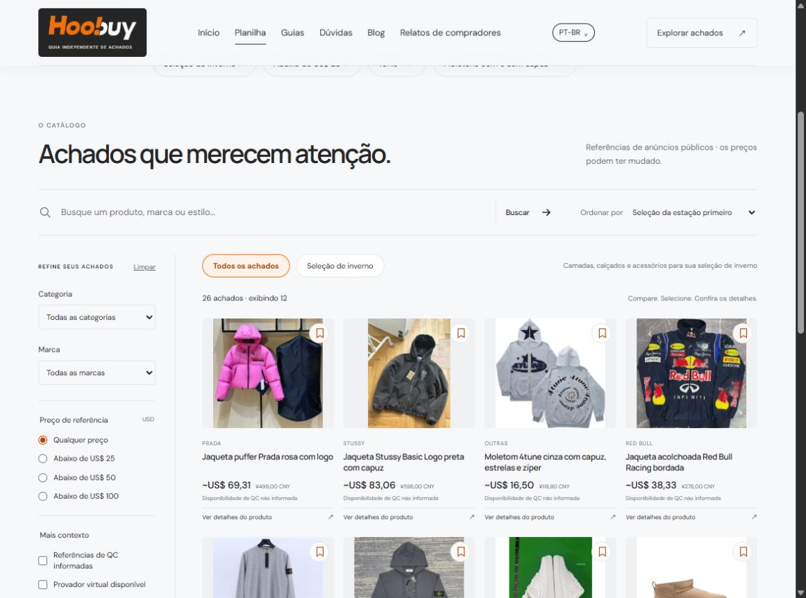 Interface real em português com filtros de categoria, marca e preço ao lado de cartões compactos de produtos