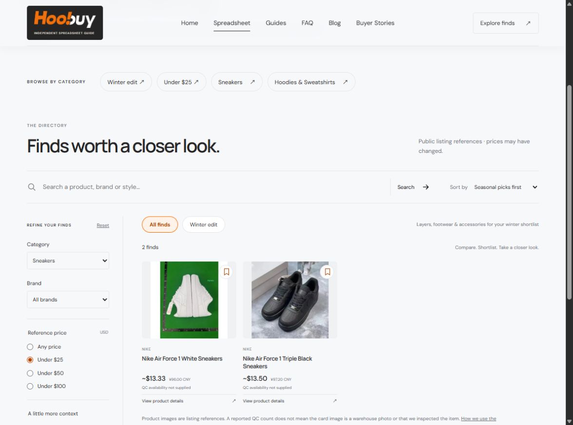 Actual directory interface with category, brand and reference-price filters beside compact product cards